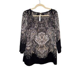 Rose & Olive Black & White Paisley Print 3/4 Sleeve Lightweight Blouse Womens L